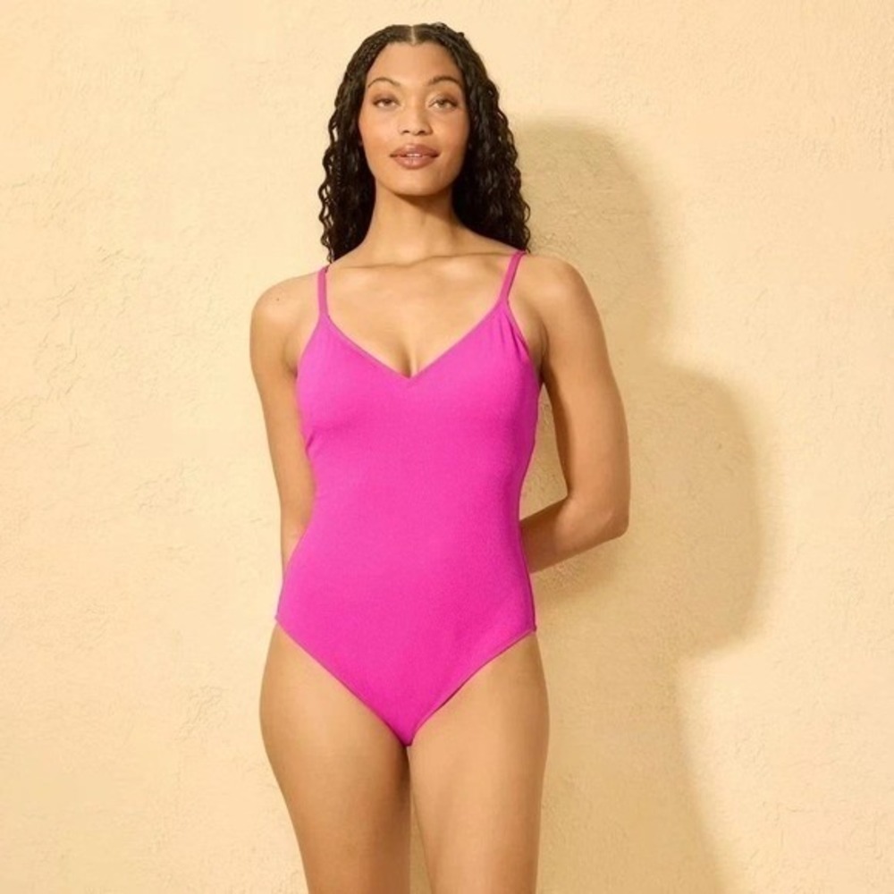 Women's V Neck One Piece Swimsuit Shade & Shore Pink Size Small New With Tags